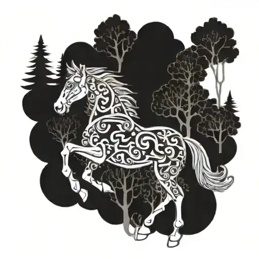 A majestic horse galloping through a forest made of intricate woodwork designs tattoo design idea