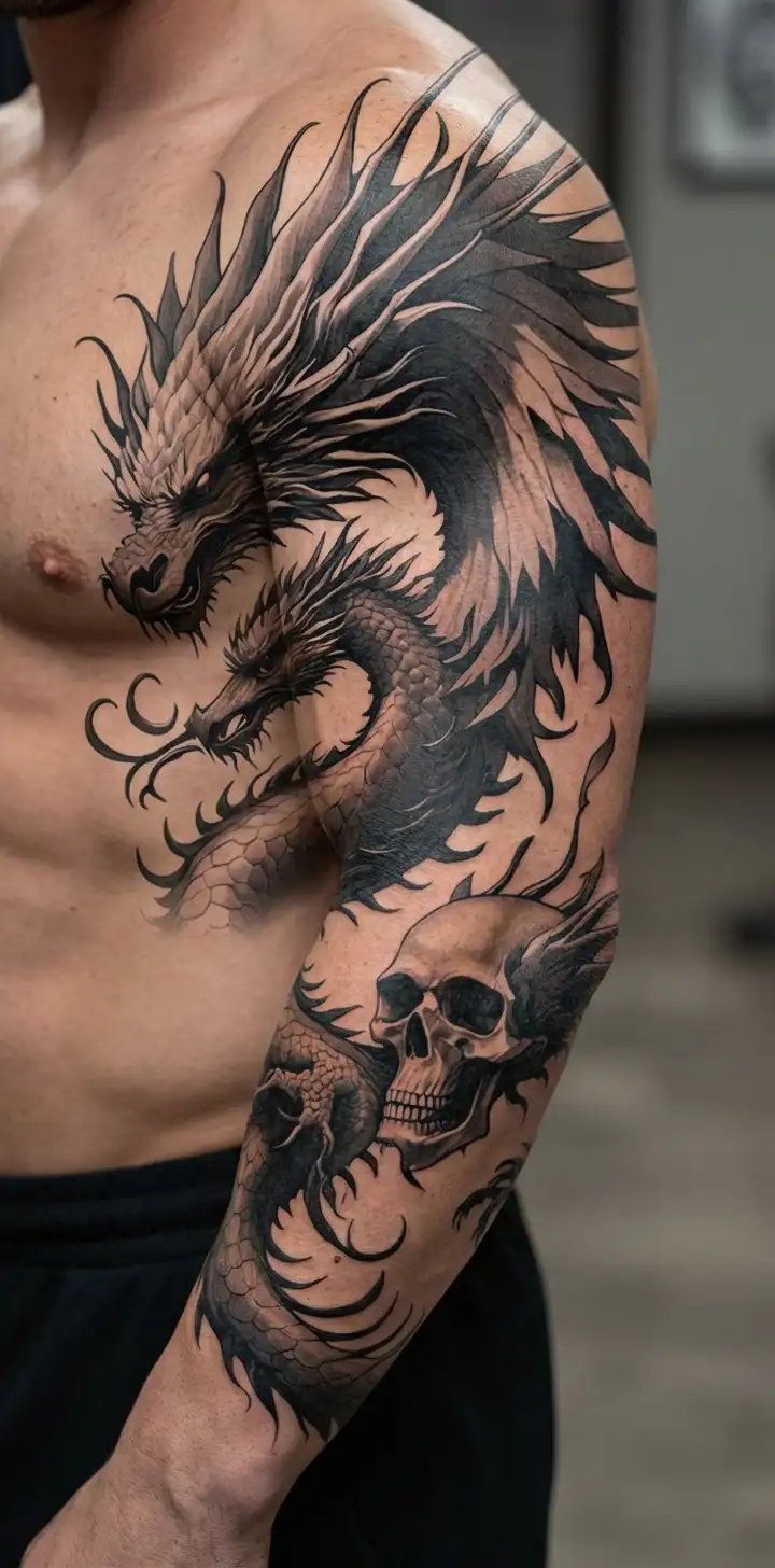 3 Chinese Dragon And Phoenix And Skull surrounded my rain tattoo design idea