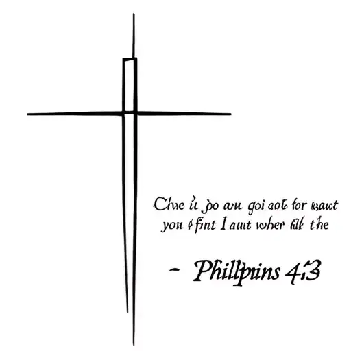 fine line cross with bible verse Philippians 4:13 tattoo design idea