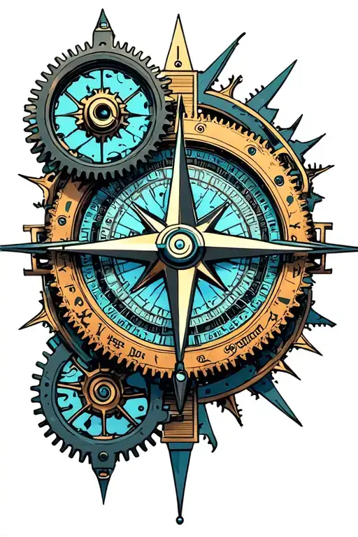 *Central compass: - a mechanism with thin, detailed arrows, add the elements of the gears that are visible from under tattoo design idea