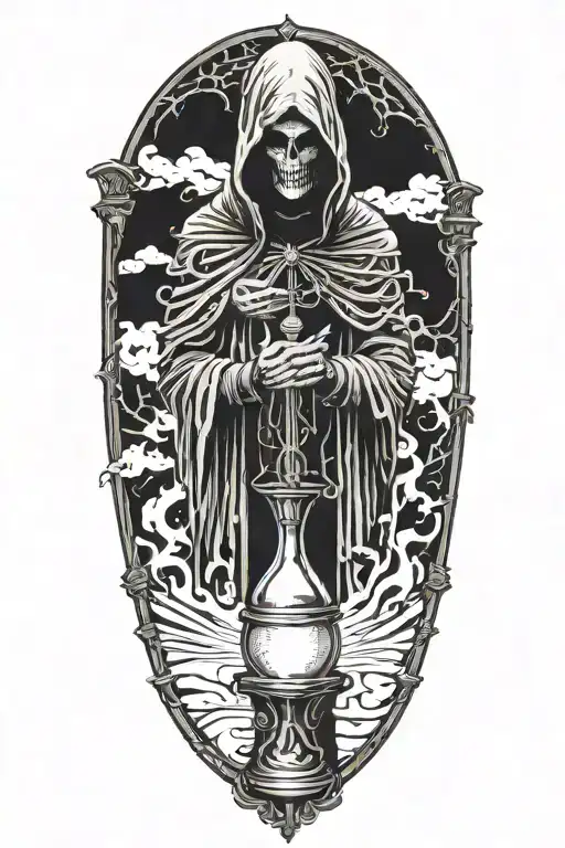 Dark labyrinth, twisted and dark, hooded figure, hour glass with sand flowing upwards tattoo design idea