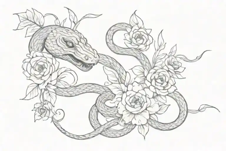 lines and evil snake in flowers tattoo design idea