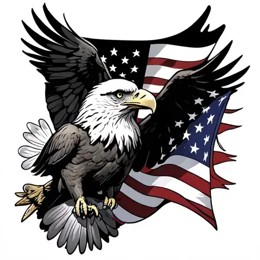 A patriotic tattoo featuring an eagle clutching the American flag in its talons, set against a black and grey background tattoo design idea