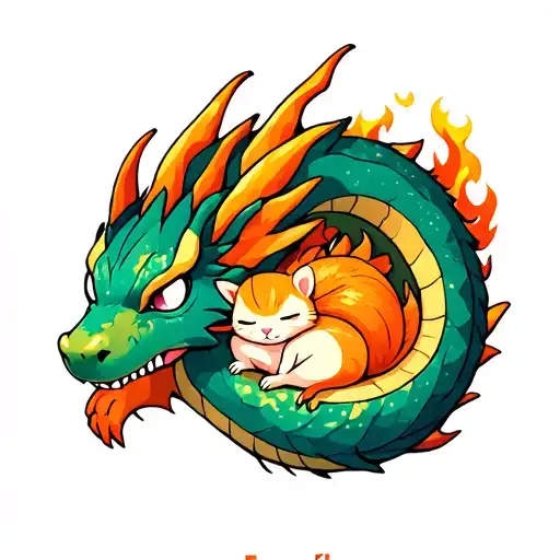 earth element dragon and  little cute ginger  fire element mouse, both sleeping, dragon curled around little mouse tattoo design idea