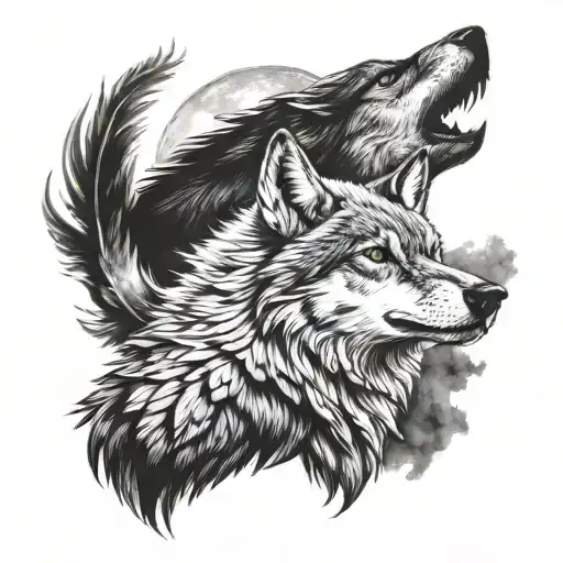 spirit eagle and spirit wolf howling at the moon tattoo design idea