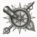 A detailed compass rose with hunting tools as the cardinal directions tattoo design idea