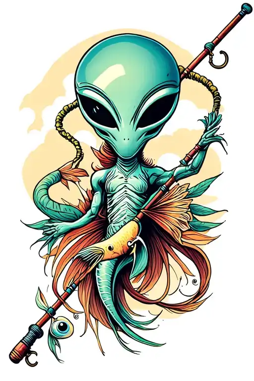 alien fishing pole tattoo design idea