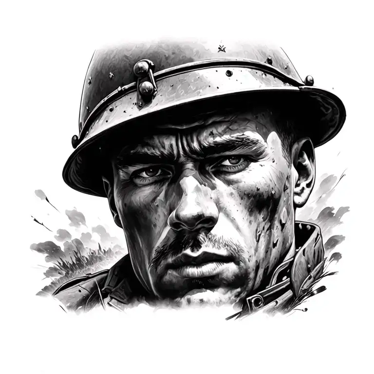 Detailed tattoo design, gritty black and grey realism, depicting a solemn World War 2 soldier. Focus on his face, convey tattoo design idea