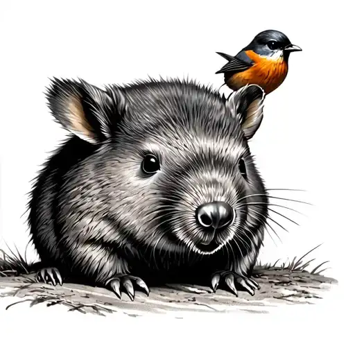 wombat with small robin perched tattoo design idea