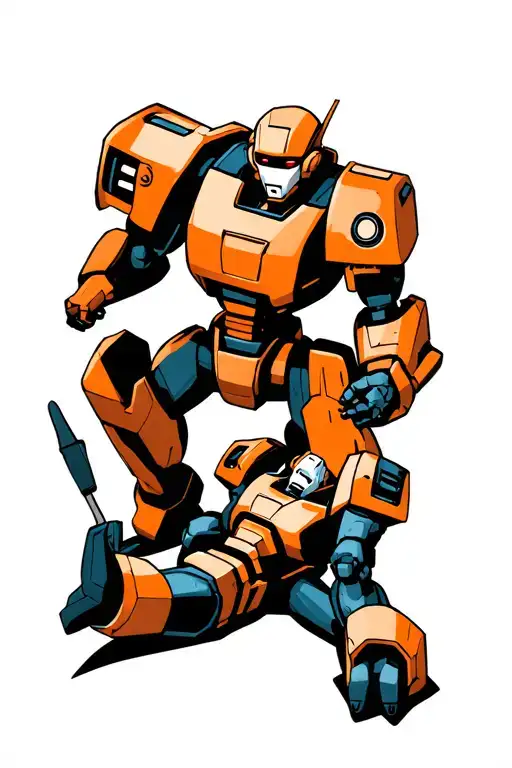 two robots fought and one is lying below the one who won and fite in the background  tattoo design idea