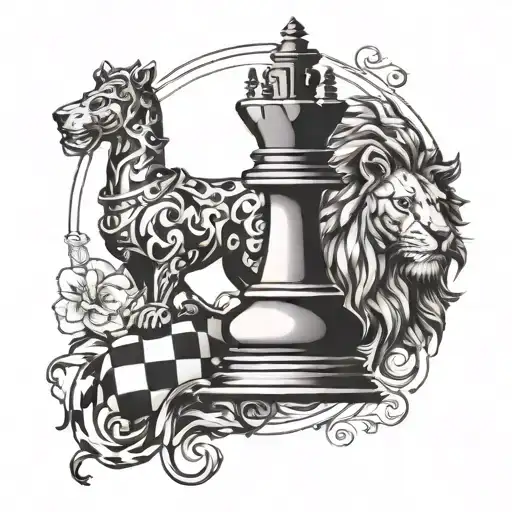 A chess-inspired tattoo featuring a king chess piece and a lion intertwined in a dynamic composition tattoo design idea