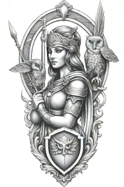 athena with owl shield and spear tattoo design idea
