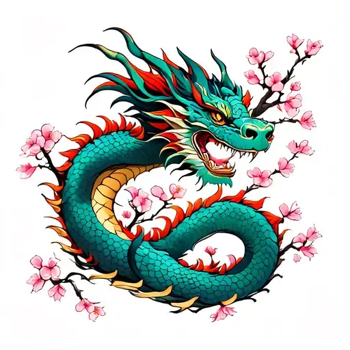 Dragon on cherry blossom tree tattoo design idea