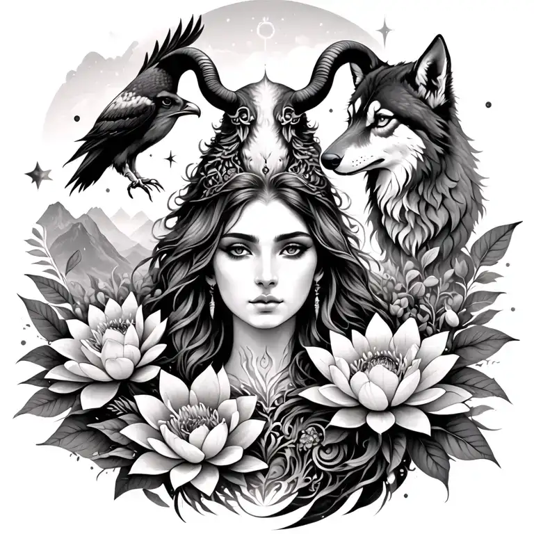 Aries Goddess Surrounded By Poeny And Lotus Flowers growing With A Wolf A hawk And Mountains Range and mars and stars  tattoo design idea