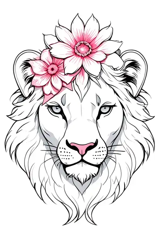 female lion with flower bow on side of head tattoo design idea