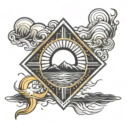 draws the sun in a rhombus with the sun's rays and the sea waves tattoo design idea