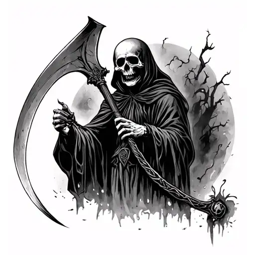 death with a scythe, scary, black and gray, horror movie setting tattoo design idea