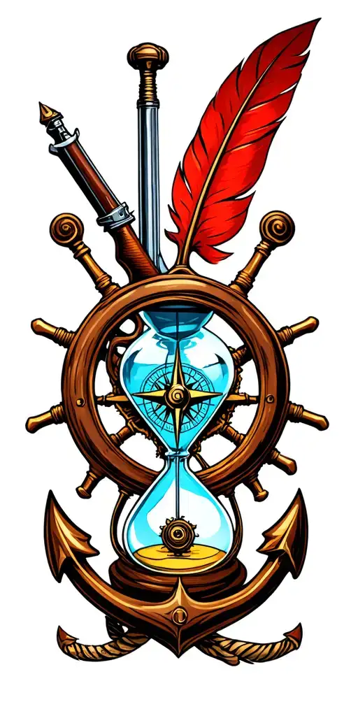flintlock pistol, cutlass, quill pen, nautical compass, fouled anchor, ship's wheel, hourglass tattoo design idea