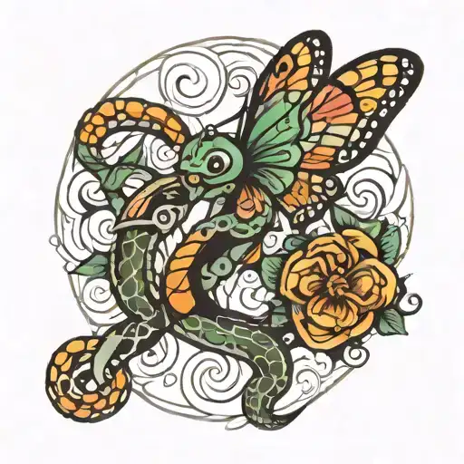 snake squeezing butterfly tattoo design idea