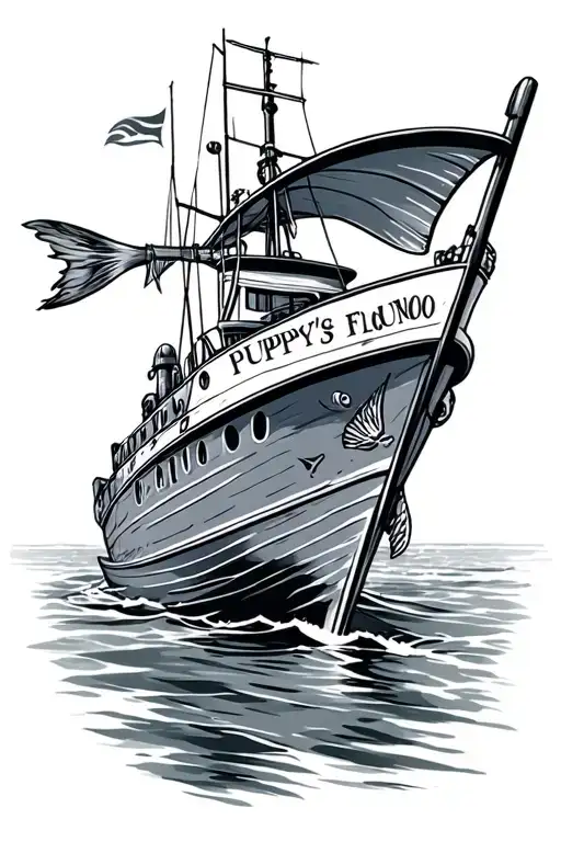 long liner fishing boat with the name puppy's flounder tattoo design idea