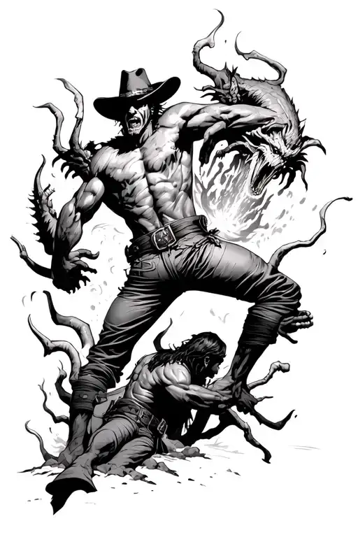 cowboy fighting a pit of demons trying to pull him to hell tattoo design idea