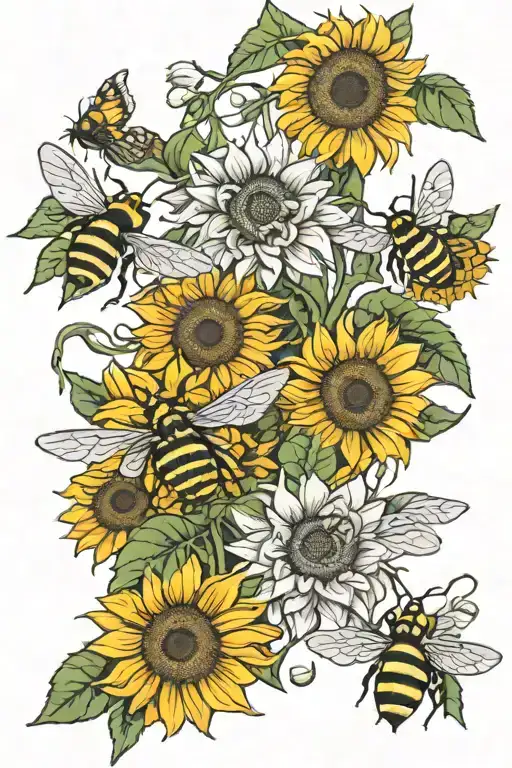 Sunflowers and bees with farm scene tattoo design idea