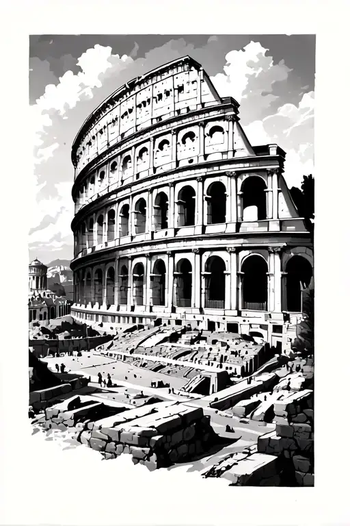 Roman colosseum and Pantheon overlooking Mount tattoo design idea