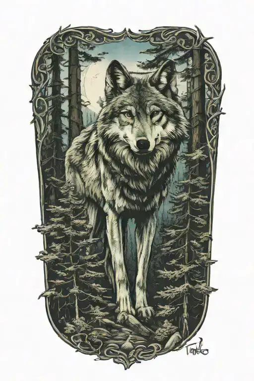 wolf blue eyes howling forest landscape tattoo design idea