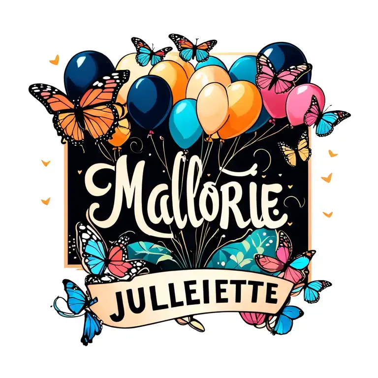 "Mallorie Juliette" balloons and butterflies flying tattoo design idea