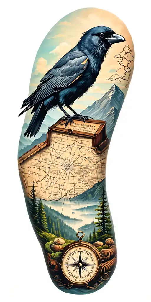 nature tattoo including a Crow, topographical map of Adirondacks, old compass, and mountain range and forest vista tattoo design idea