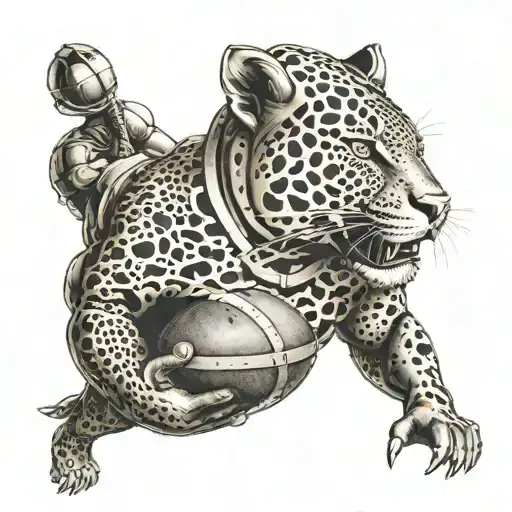 Create a unique tattoo featuring a jaguar playing rugby with a gladiator helmet on tattoo design idea