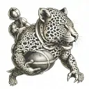 Create a unique tattoo featuring a jaguar playing rugby with a gladiator helmet on tattoo design idea