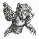 Create a unique tattoo featuring a jaguar playing rugby with a gladiator helmet on tattoo design idea