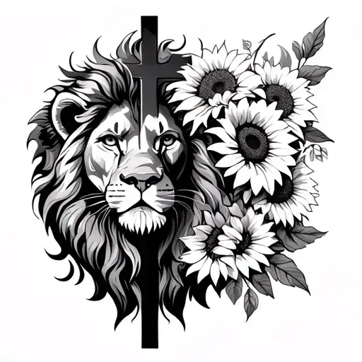 Lion with cross and sunflowers wrapped tattoo design idea