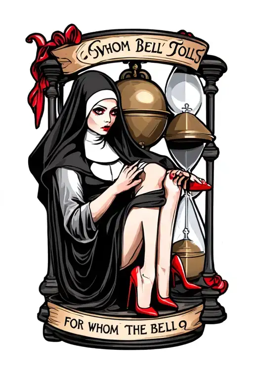 "For Whom the Bell Tolls0" glamour evil nun   sitii on hourglass with one foot in red heels resting on a church bell tattoo design idea