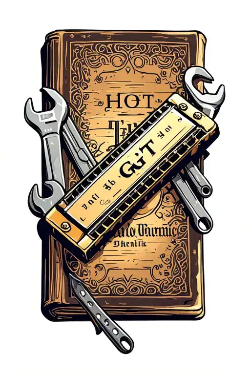 HGT initials on a harmonica sitting on a holy bible with motor mechanic spanners beside it. tattoo design idea