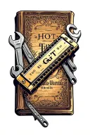 HGT initials on a harmonica sitting on a holy bible with motor mechanic spanners beside it. tattoo design idea