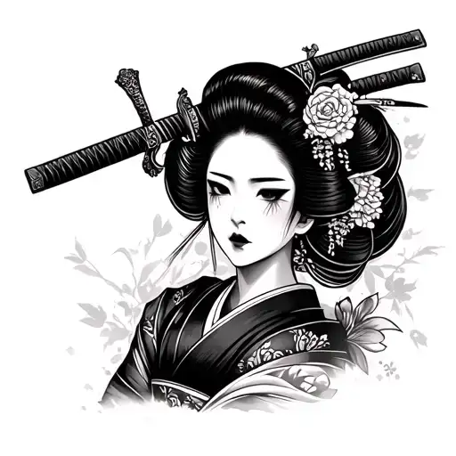 ahegao face expression geisha stab in the head with a katana sword tattoo design idea