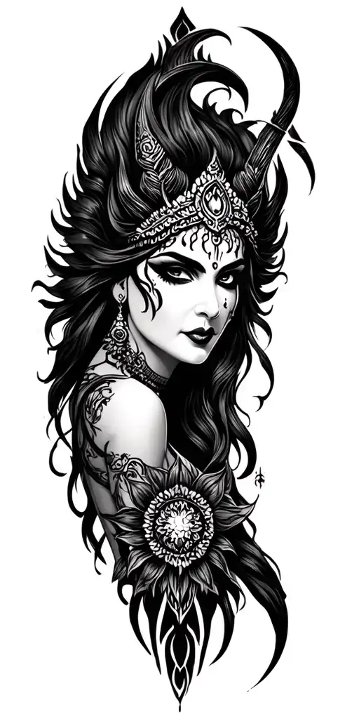 evil, kali goddess, blackout arm sleeve tattoo tattoo design idea