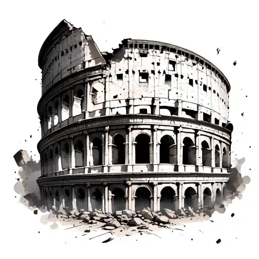 Colosseum of Rome Taureau that comes out of the ruins, with dust and flashes of stones tattoo design idea