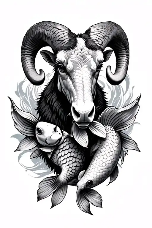 ram with 2 koi fish around it tattoo design idea