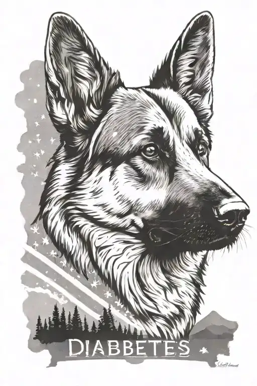 German shepherd American flag saying "diabetes" mountain scene tattoo design idea
