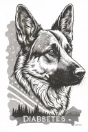 German shepherd American flag saying "diabetes" mountain scene tattoo design idea