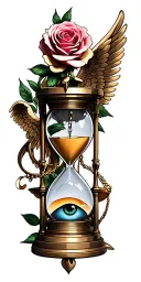 justice intertwined with truth prevails within, rose, hourglass, all seeing eye, angel tattoo design idea