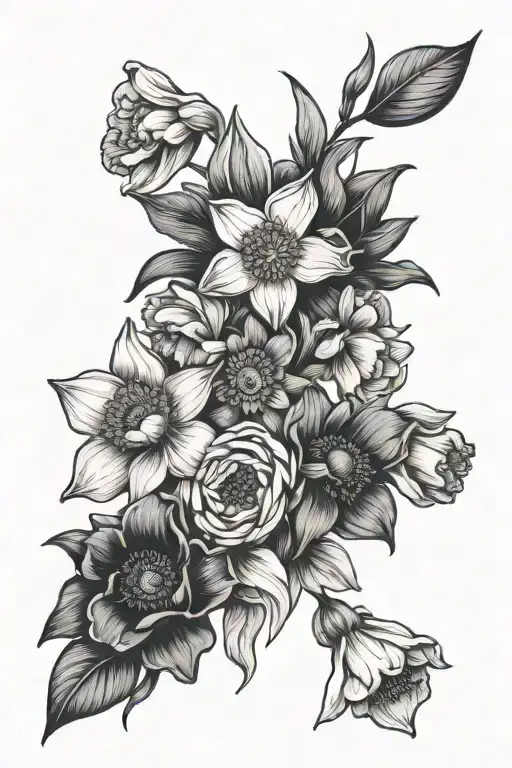 daffodil, poppy, and daisy bouquet tattoo design idea