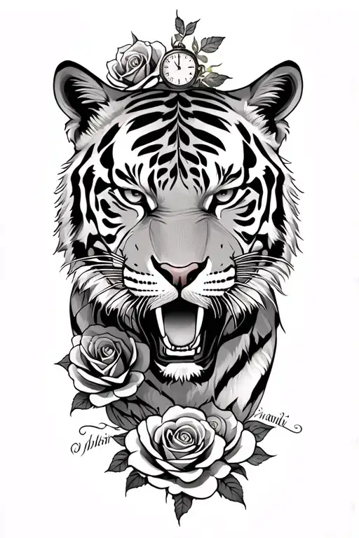 tiger sleeve with roses a knight in the tigers face a clock and writing of some sort tattoo design idea