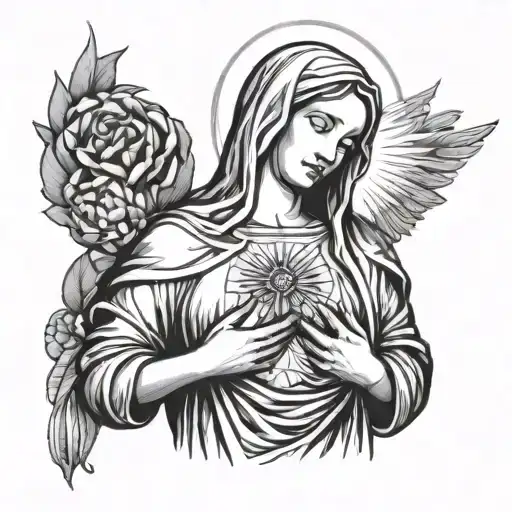 Virgin Mary, handbra, holding breasts, big boobs, open body, nsfw tattoo design idea