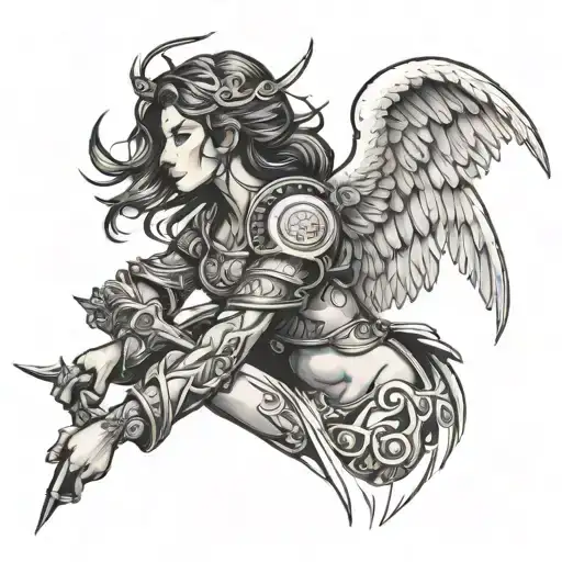 side view of female angel warrior tattoo design idea