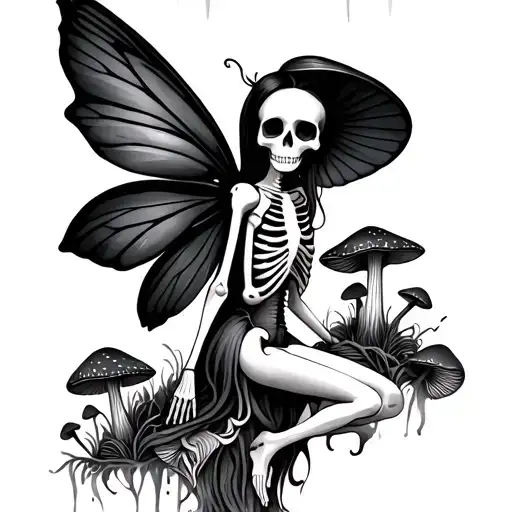 skeleton fairy and mushrooms growing tattoo design idea
