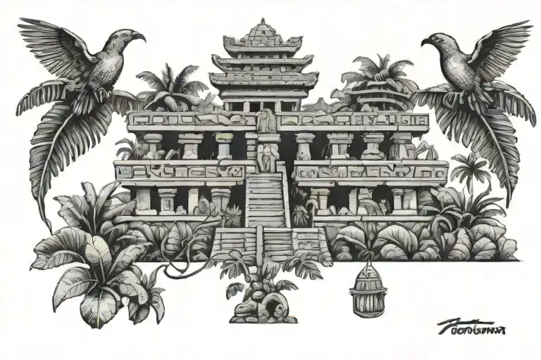 mayan temple in banana tree forest with quetzal bird wings open tattoo design idea